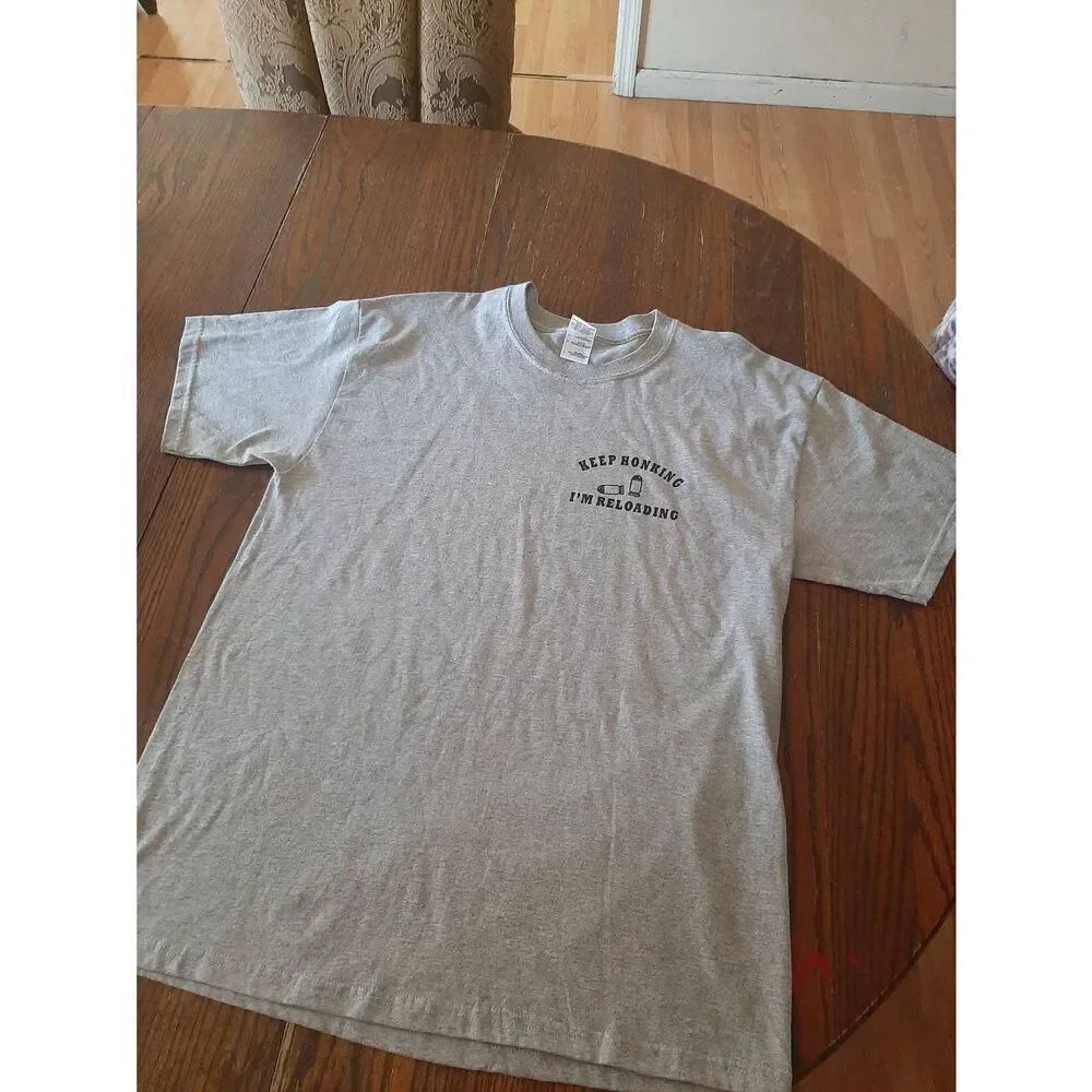 Large Biker Tee T-Shirt Top Reloading Keep Honking Grey Short Sleeve Crew Neck
